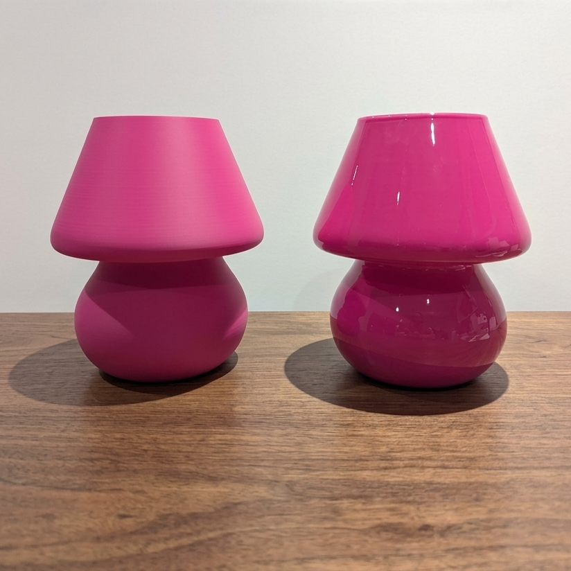 Two pink table lamps on a wooden surface with a white wall background.