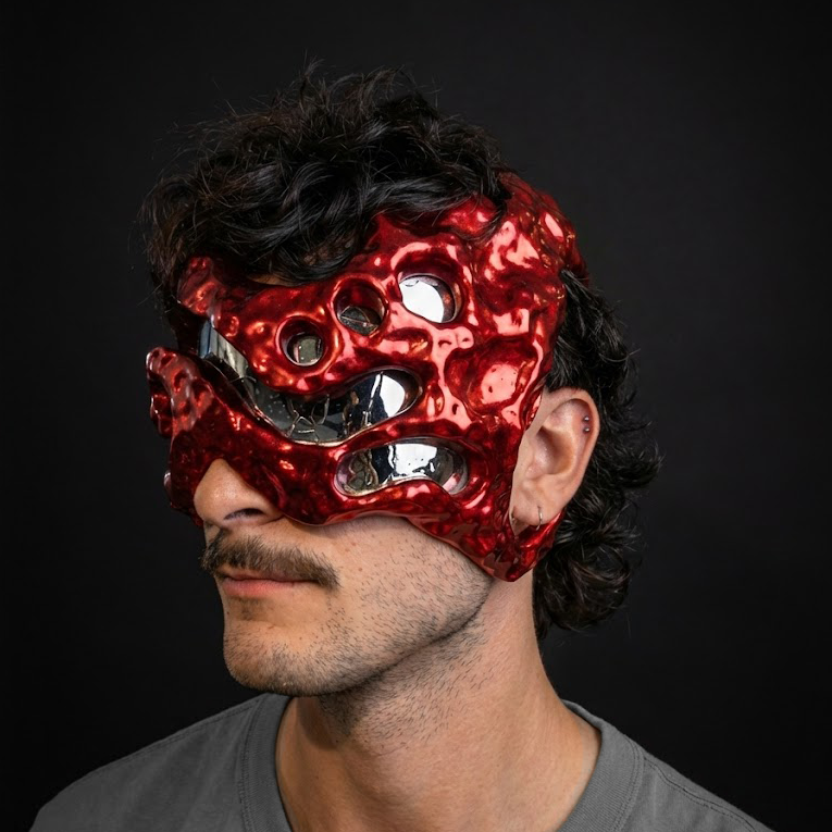 Person wearing a red metallic mask against a black background